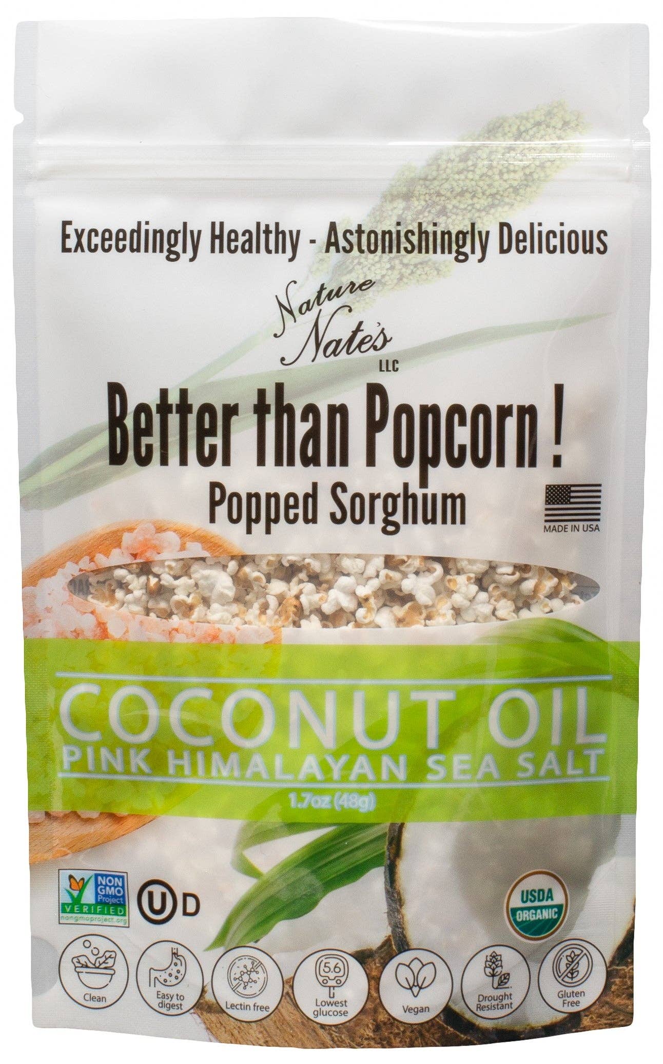 Organic Popped Sorghum Coconut Oil Pink Himalayan Sea Salt