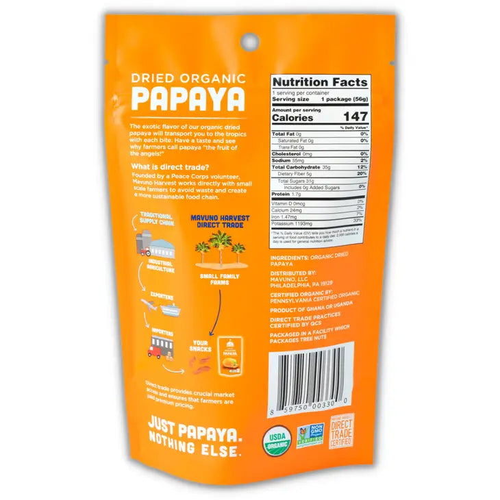 Dried organic papaya - 4 single serving pouches