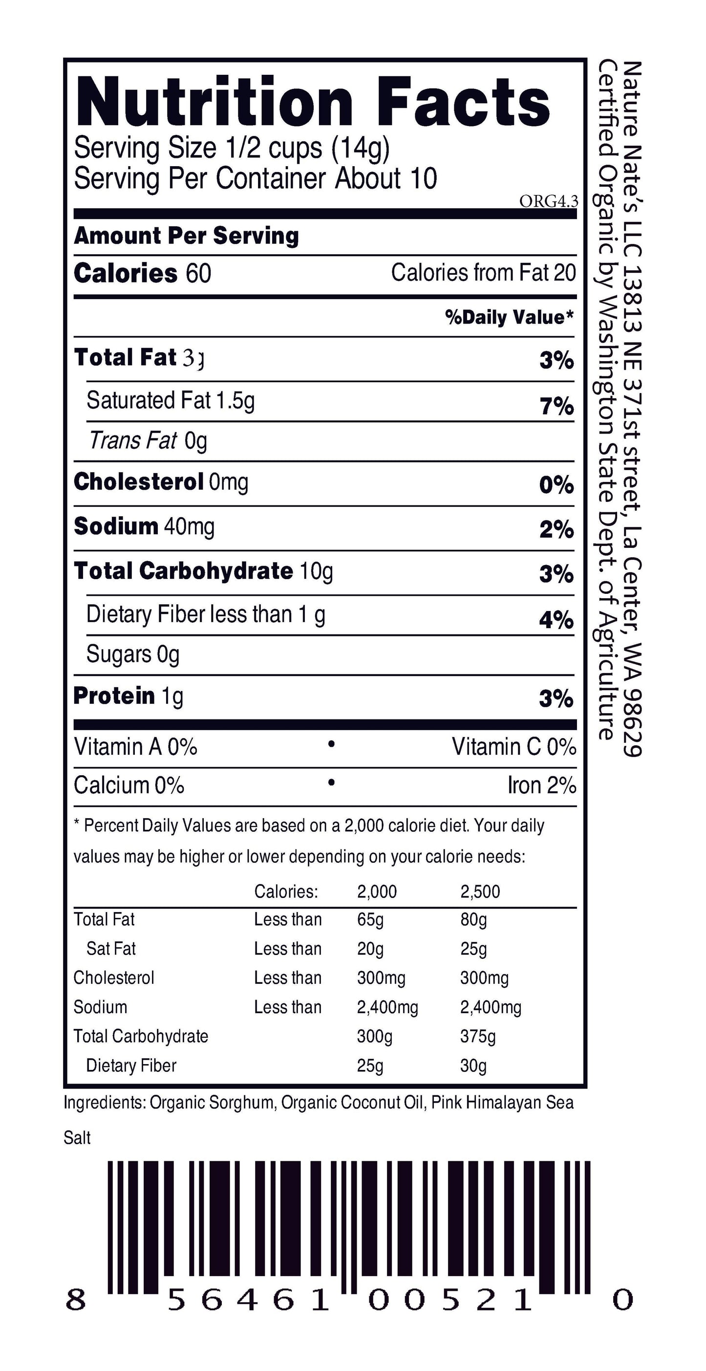 Organic Popped Sorghum Coconut Oil Pink Himalayan Sea Salt